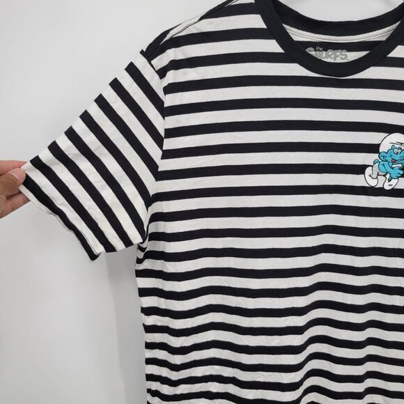The Smurfs Embroidered Striped T-Shirt Short Sleeve Cotton Crewneck Medium Women - Picture 3 of 10